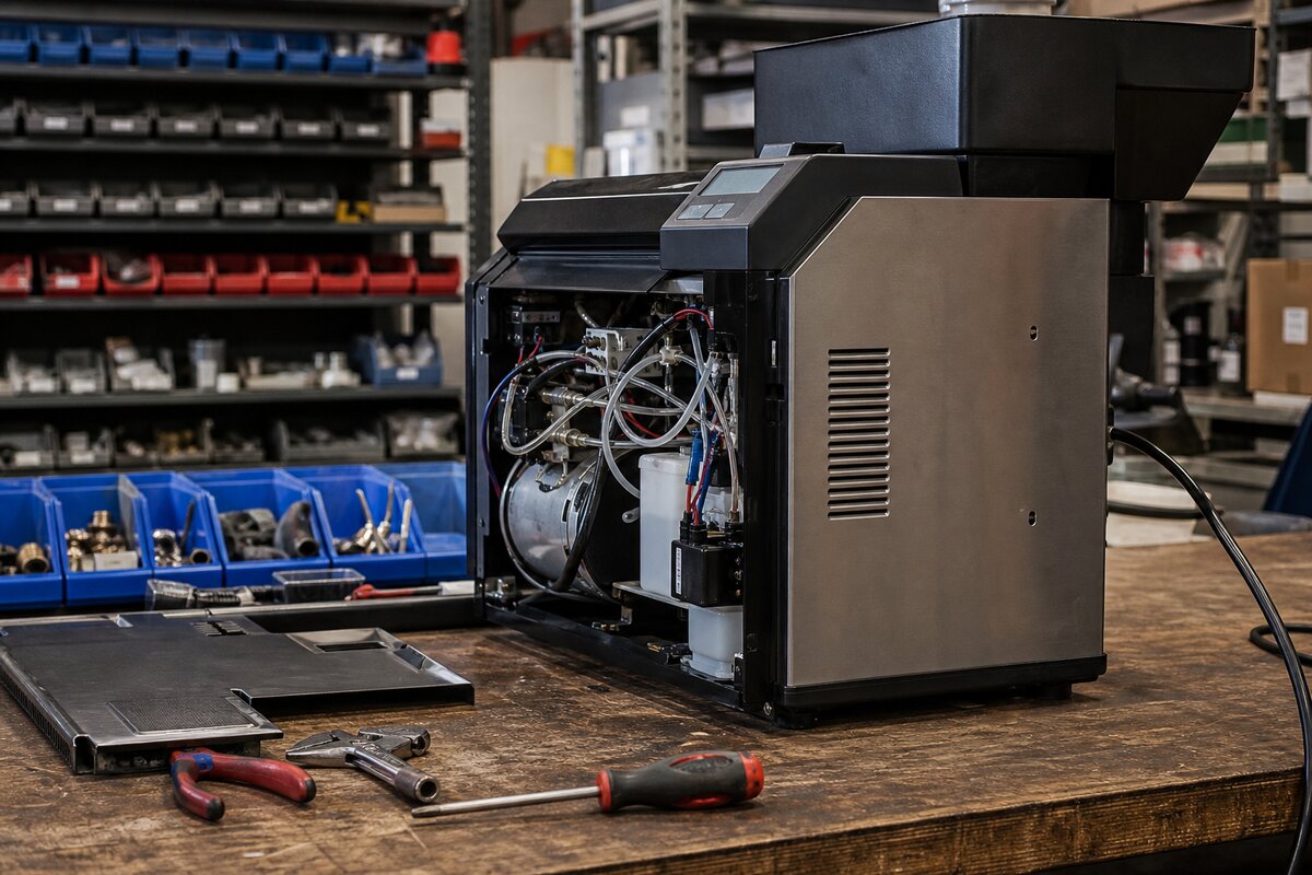Maintenance workshop bench with tools and equipment open for service