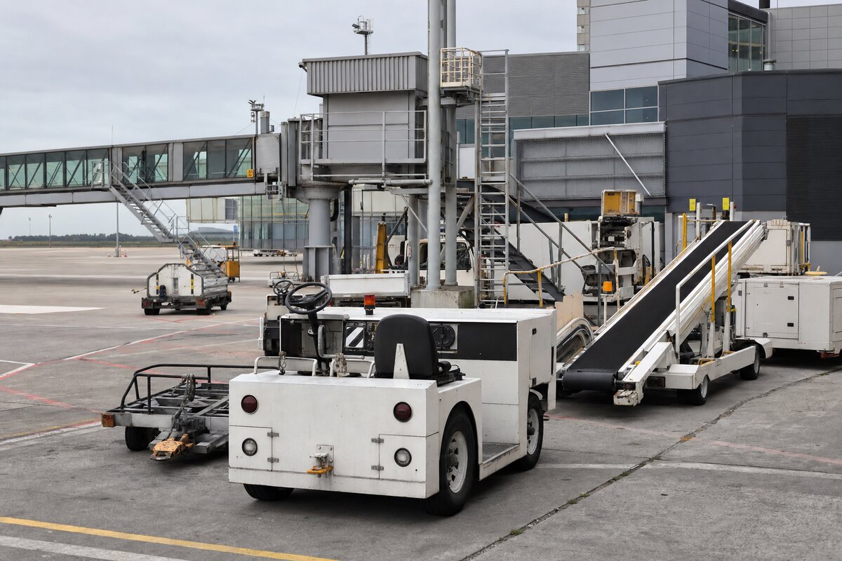 Airport ground support equipment parked on the ramp beside a terminal apron