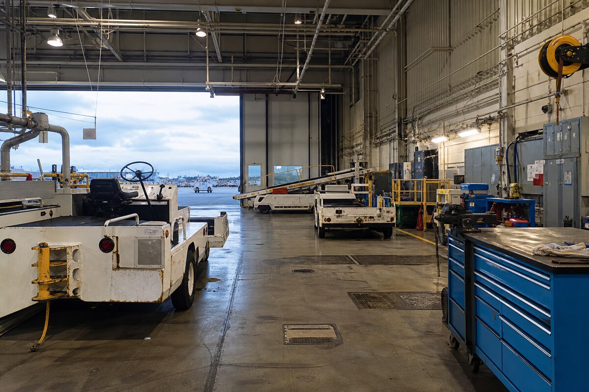 Airport maintenance bay with ground equipment and service tools staged for work