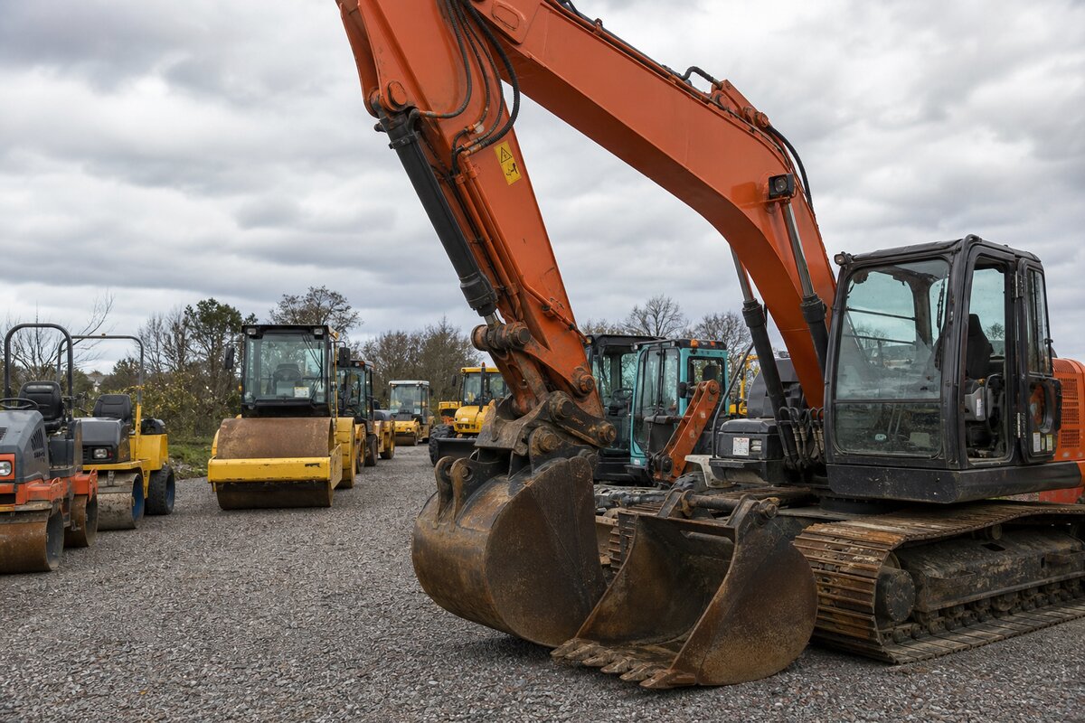 Construction equipment yard with excavators and plant machinery including hired and owned units