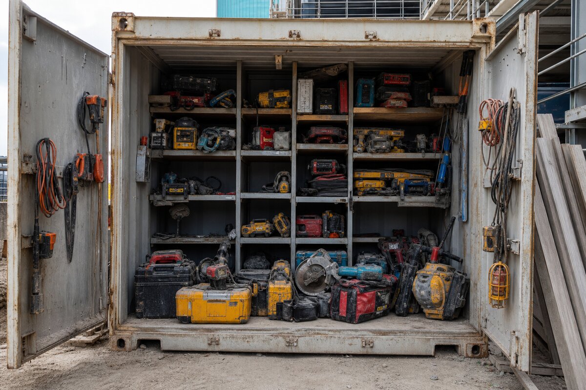 Construction site tool storage with power tools and equipment staged in a job-site container