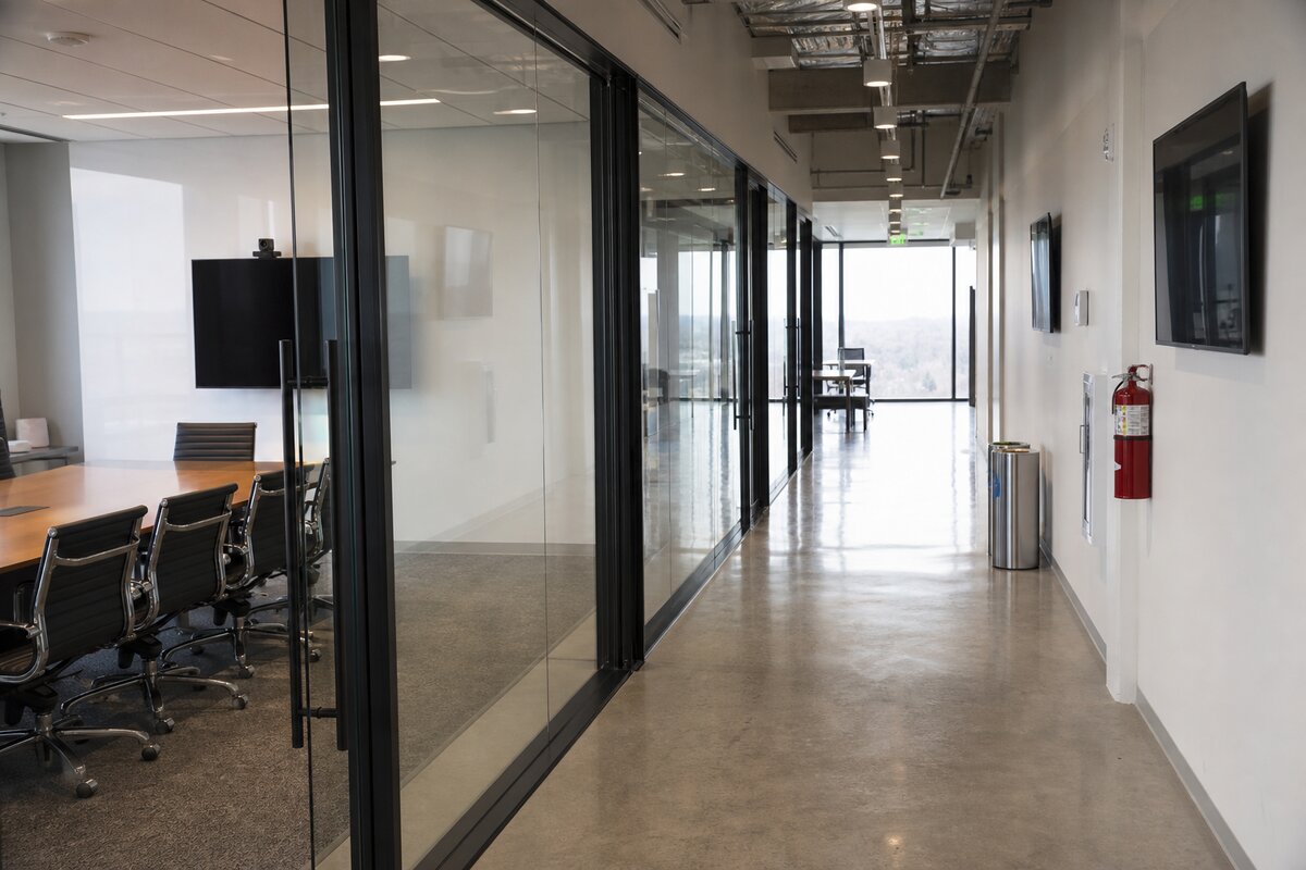 Corporate office corridor with facilities assets and meeting-room equipment during verification