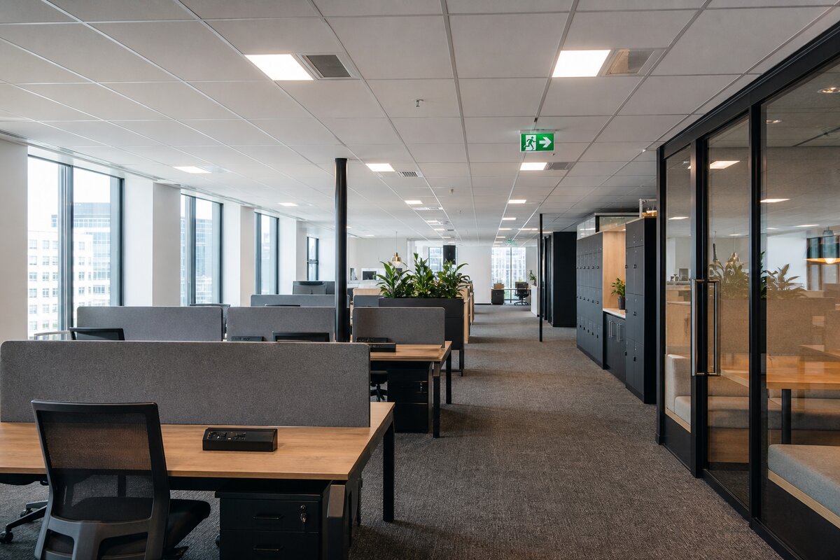 Corporate office floor with leased furniture and facilities equipment in a modern workplace