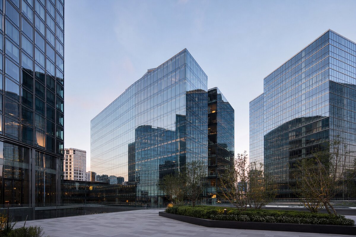 Modern multi-building corporate office campus exterior with glass towers and plaza