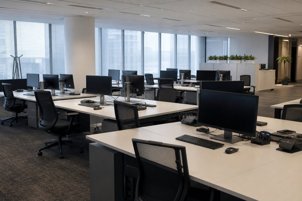 Corporate open-plan office with empty desks, monitors, and workplace equipment ready for assignment
