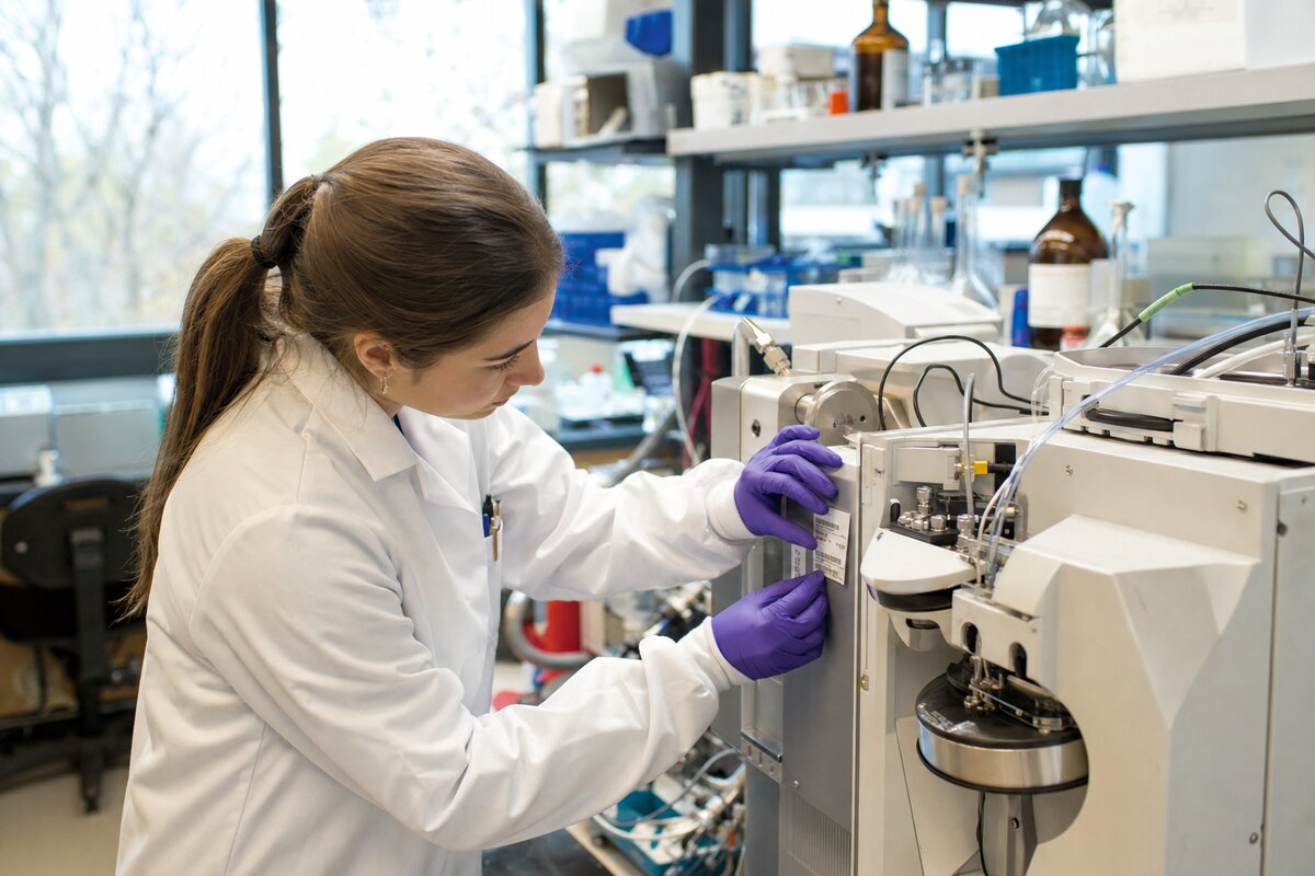 University lab technician reviewing grant-funded research equipment labels beside a lab bench