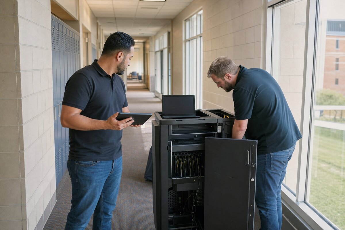 Campus IT staff searching a university corridor for missing laptop carts and lab computers