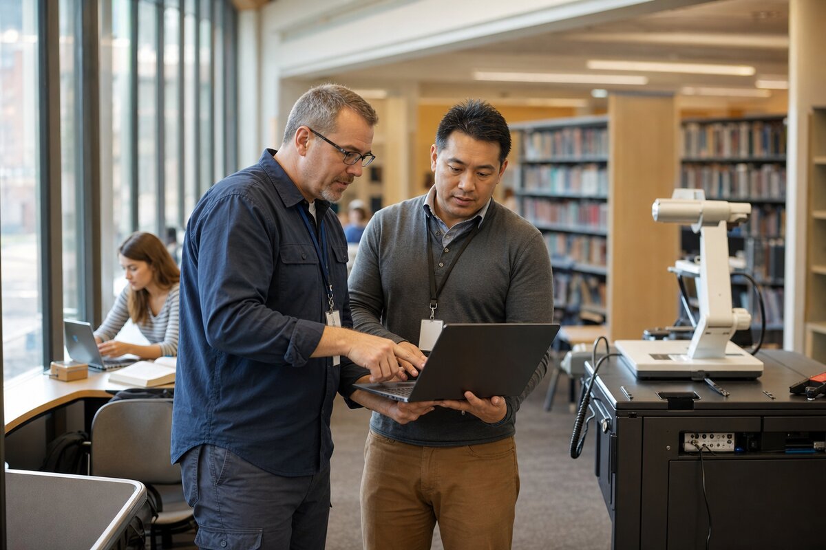 Campus facilities and IT leads reviewing shared asset records beside library and lab equipment