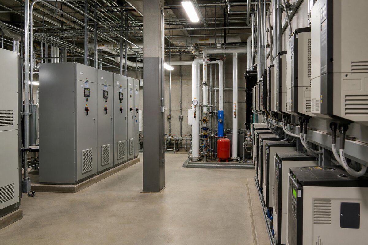 Public facility equipment room with organized infrastructure assets ready for verification