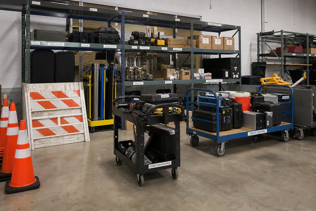 Public-sector equipment depot with labeled assets staged for inter-department transfer