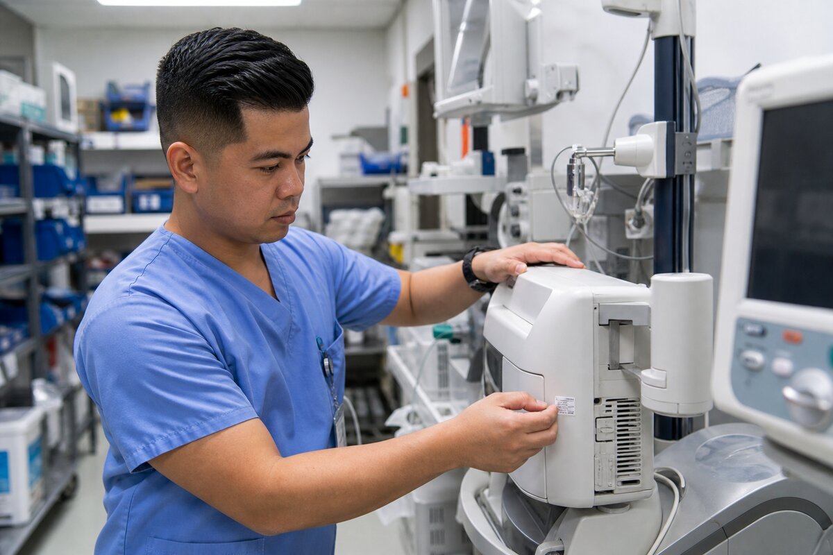 Biomedical technician checking calibration labels on hospital medical equipment
