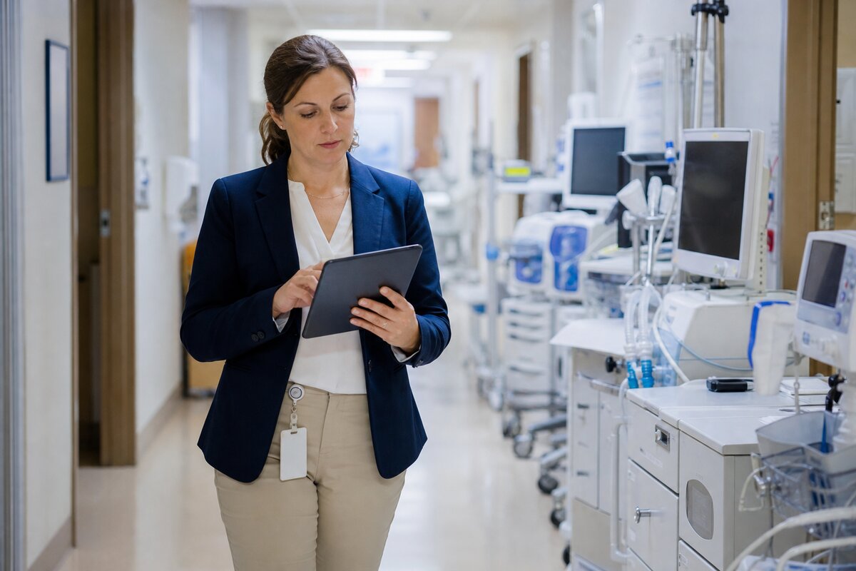 Hospital facilities lead reviewing compliance documentation on a tablet in a clinical hallway
