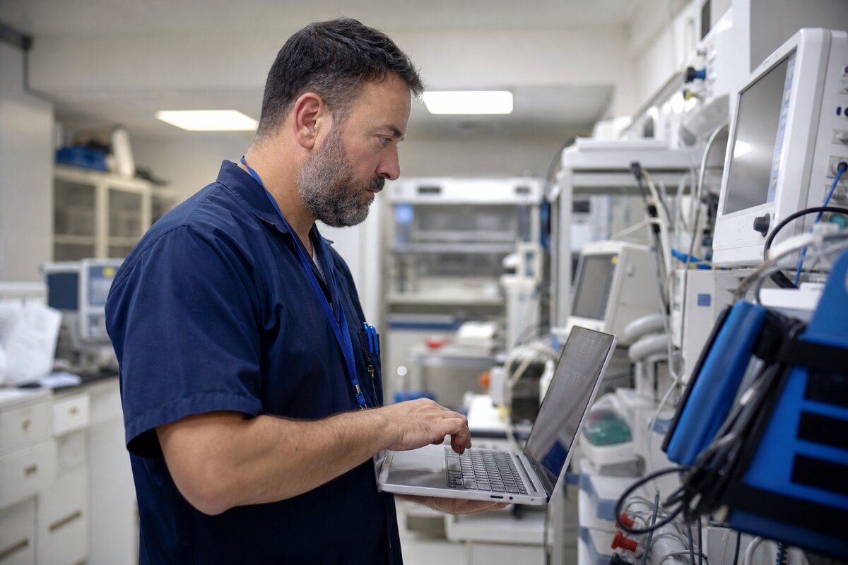 Biomedical engineer reviewing medical device service history beside clinical equipment