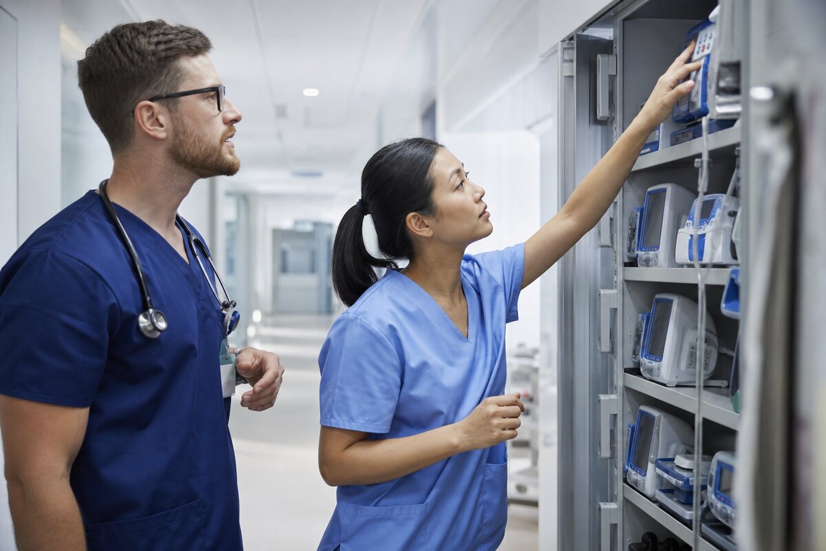 Hospital staff searching a clinical corridor for mobile medical equipment