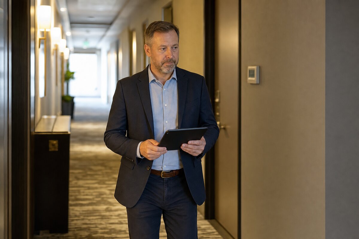Facilities lead walking a hotel corridor with a tablet during an asset verification walk
