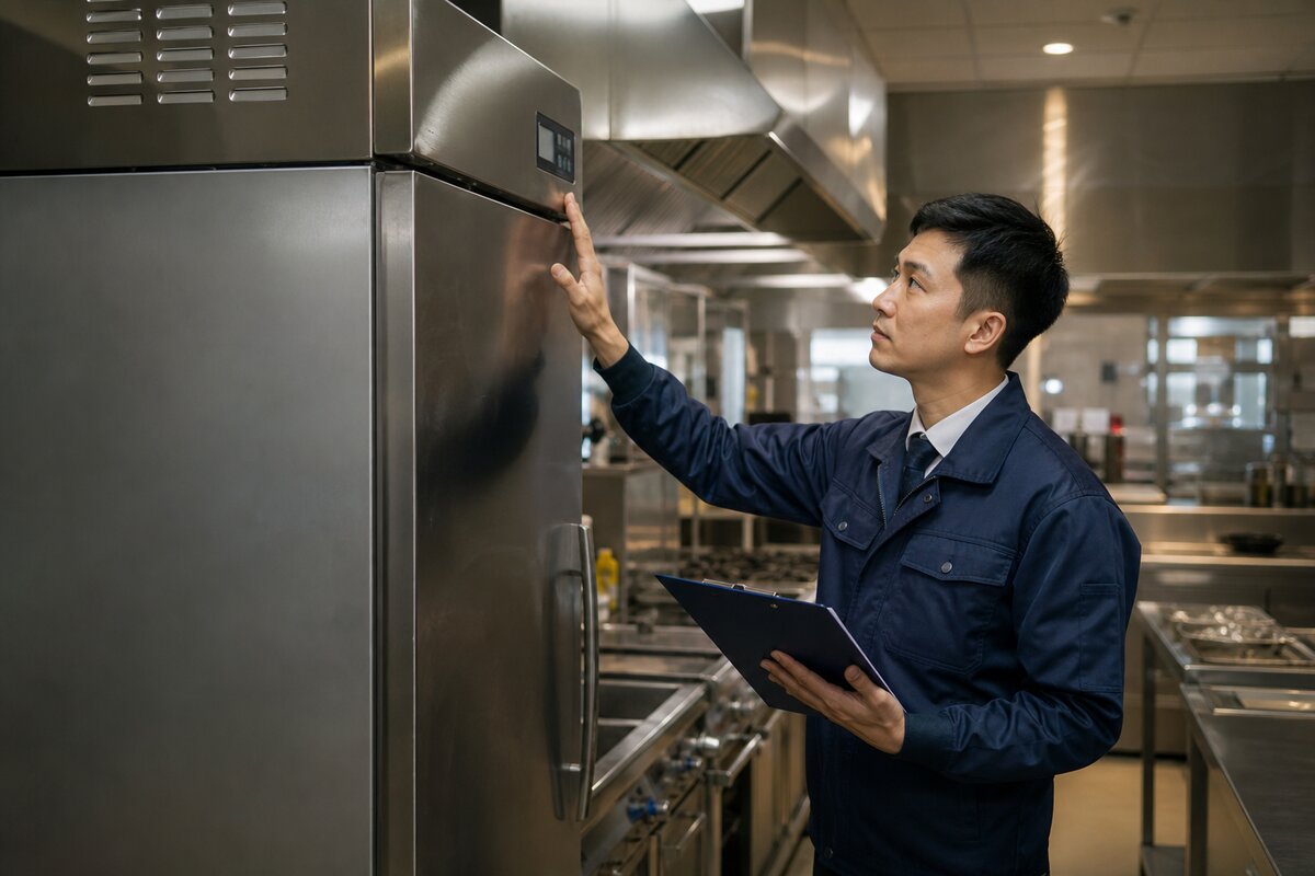 Hotel kitchen engineer reviewing commercial kitchen equipment beside a service clipboard