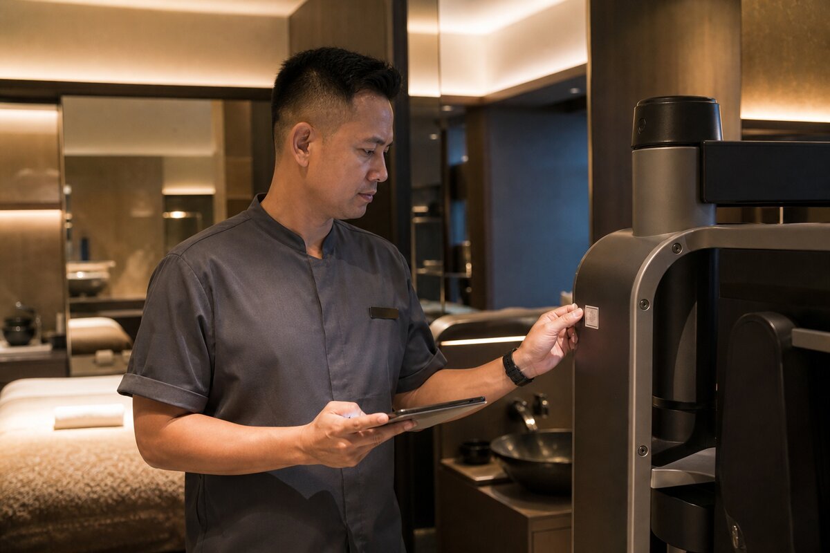 Spa technician inspecting wellness equipment and checking a calibration label