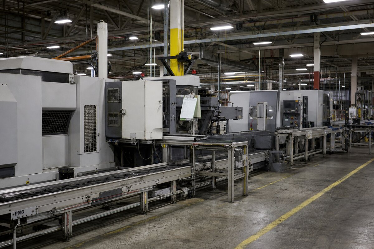 Idle industrial production line machinery on a factory floor waiting on maintenance