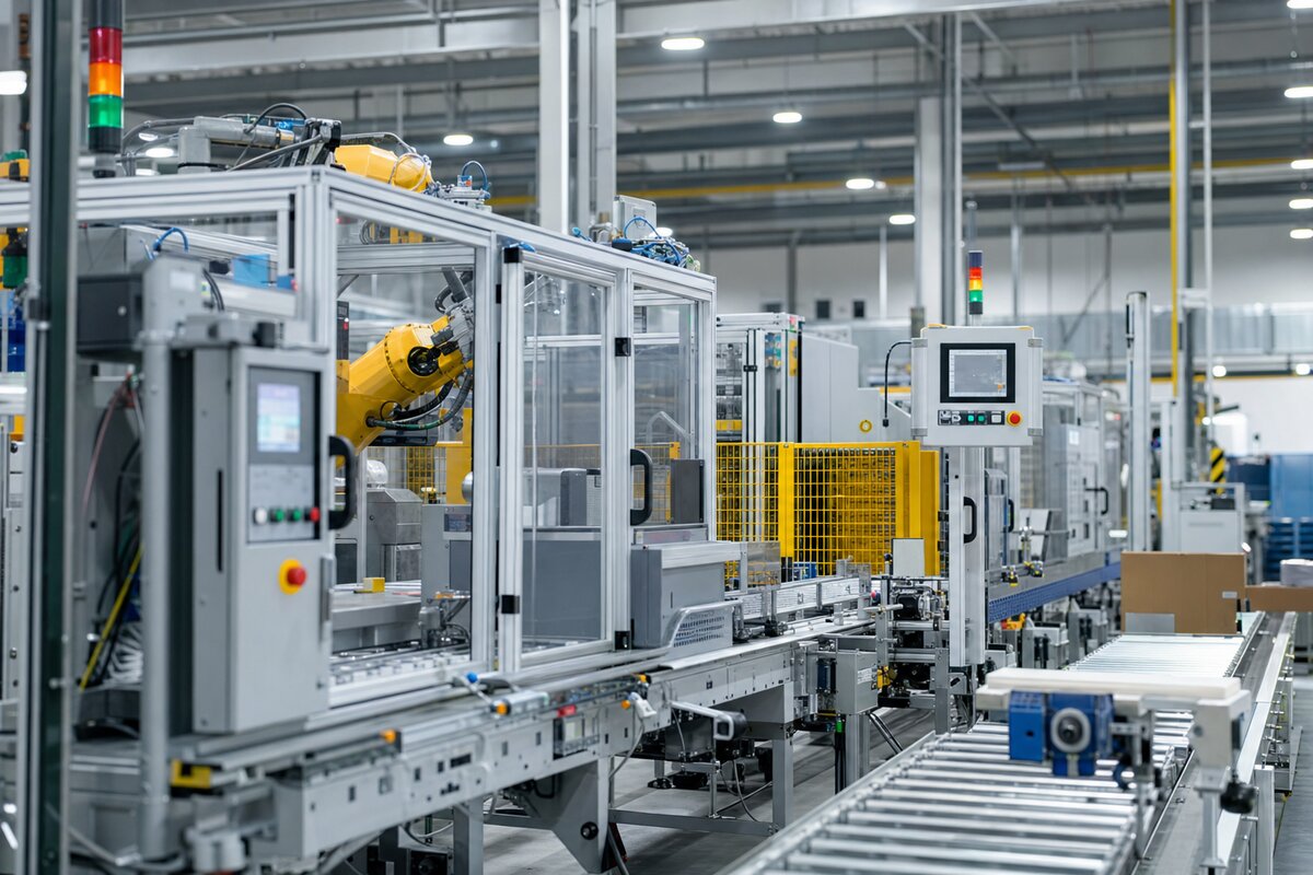 Automated manufacturing production line with industrial control panels and conveyor systems
