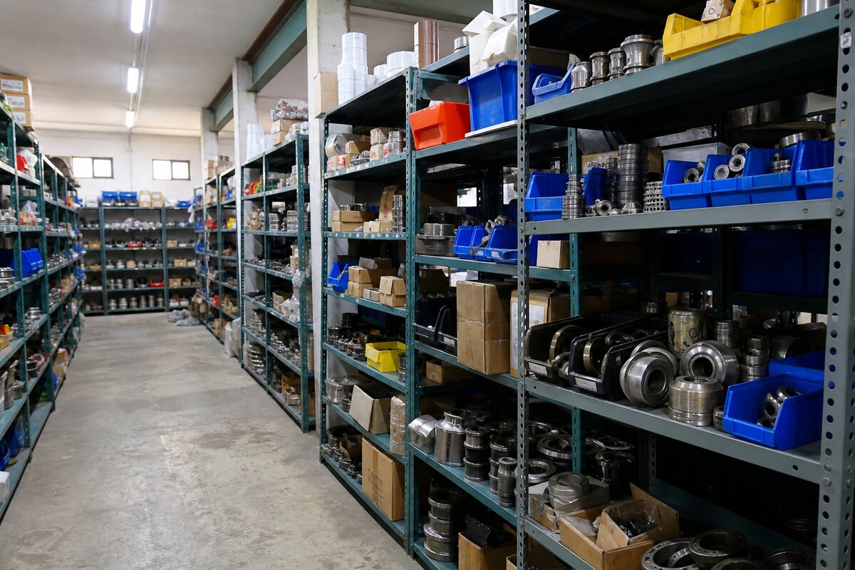 Industrial spare parts bins and shelving in a manufacturing storeroom