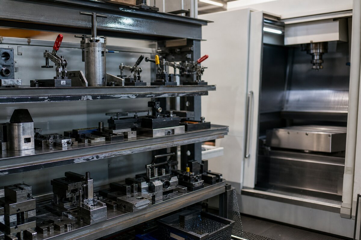 Machine-shop tooling and jig rack beside CNC manufacturing equipment