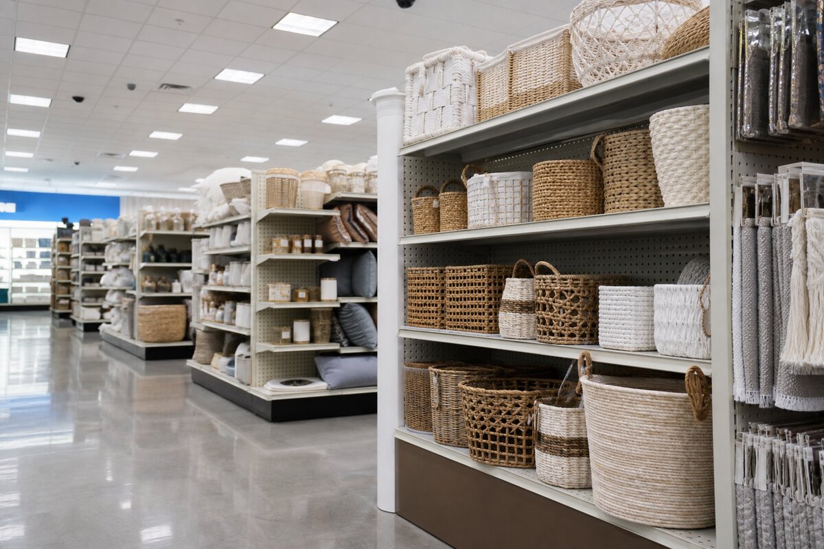 Retail store aisle with shelving fixtures and display units under soft store lighting
