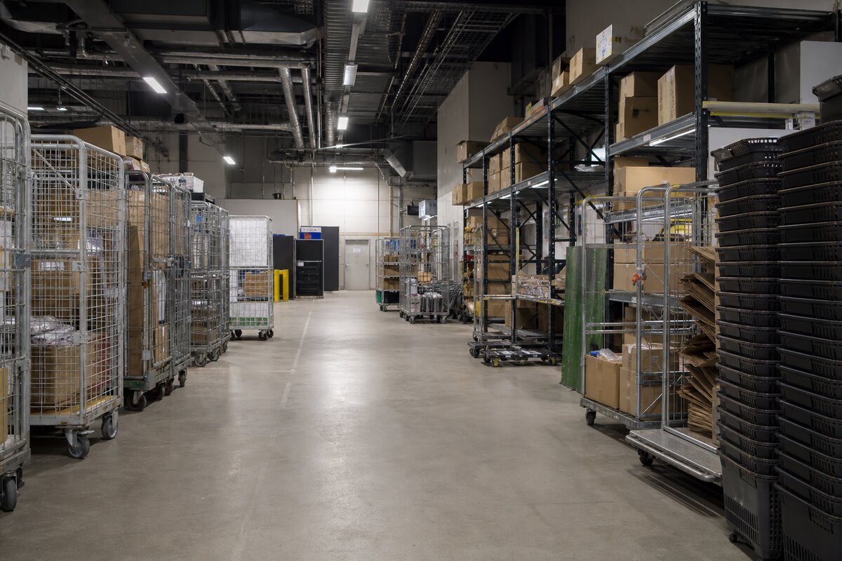 Retail stockroom with inventory shelving, rolling cages, and store back-of-house equipment
