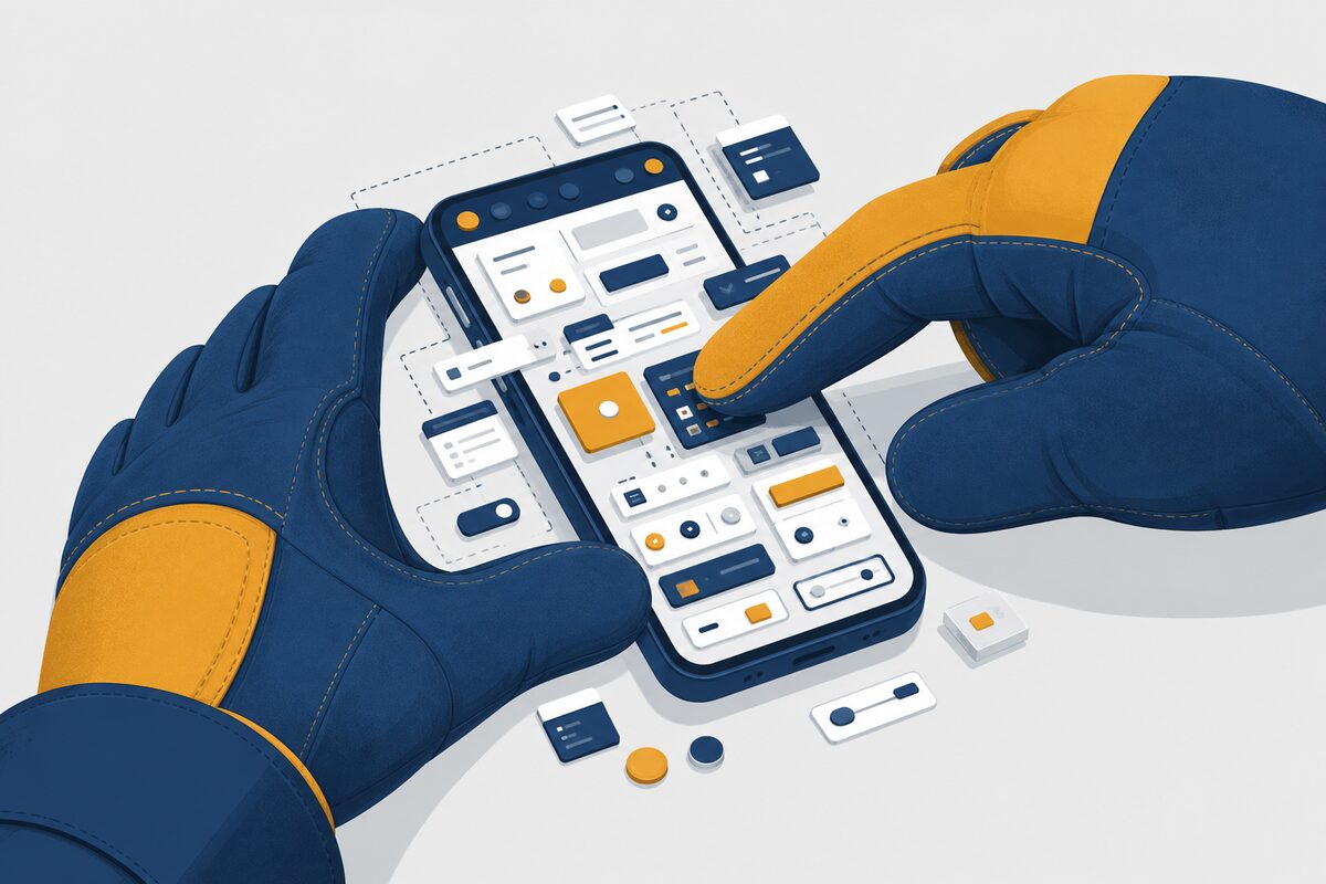 Work glove struggling with a tiny cluttered phone interface