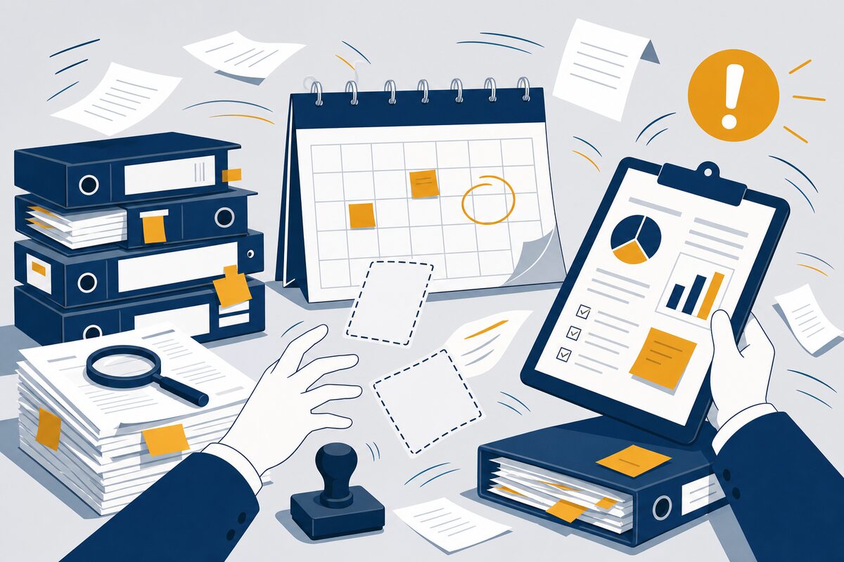 Binders and reporting clipboard in a finance audit scramble