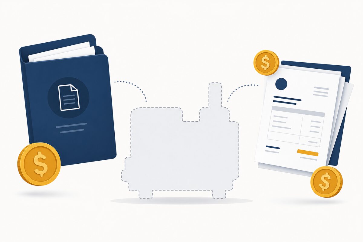 Contract folder and invoices separated from an empty asset silhouette