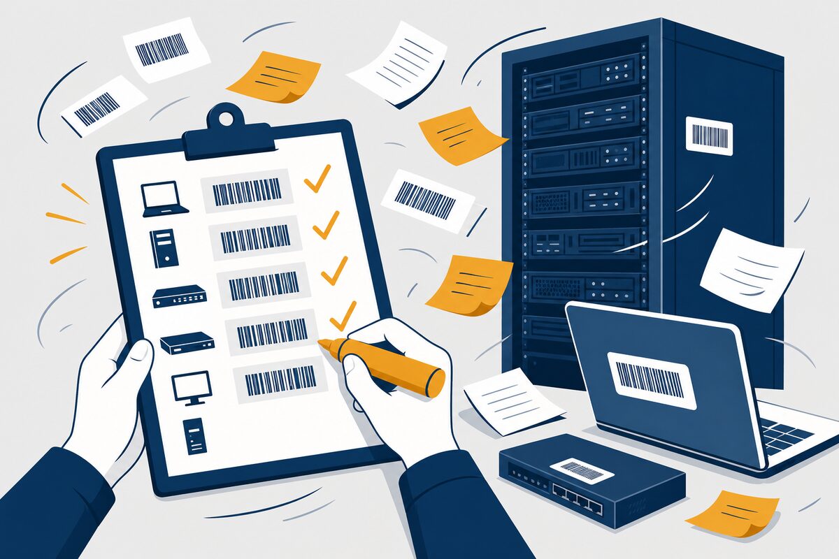 Hardware audit evidence scramble with clipboard and device tags