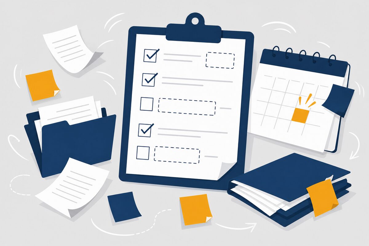Clipboard, folders, and calendar in an audit scramble