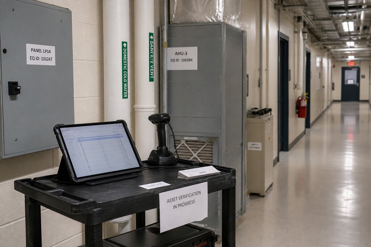 Facilities corridor set up for asset verification with scanner and tablet