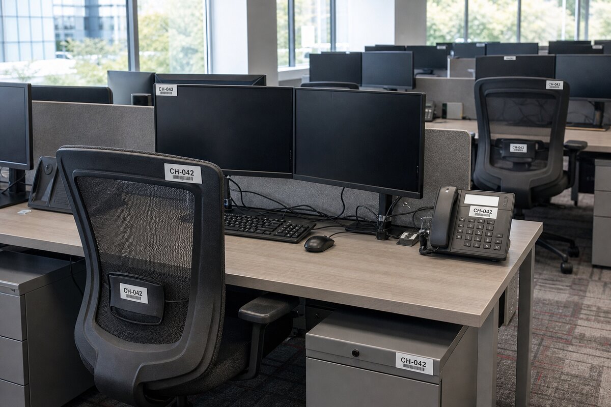 Assigned desks and labeled workplace equipment showing custody context