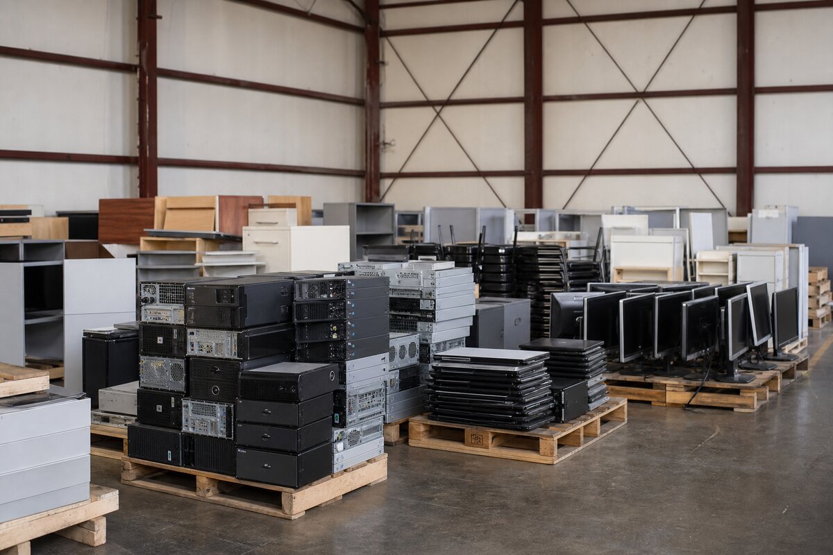 Retired equipment staged on pallets for disposal and recycling