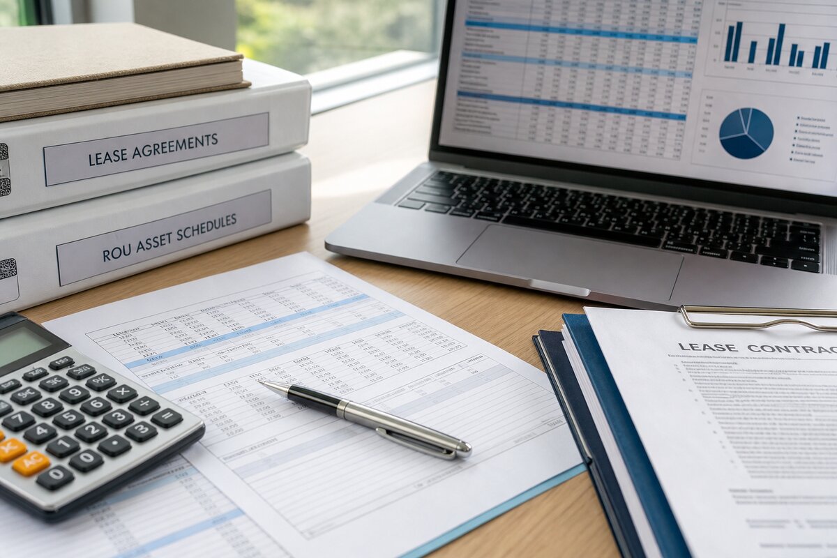 Finance desk with depreciation and lease documentation beside a laptop