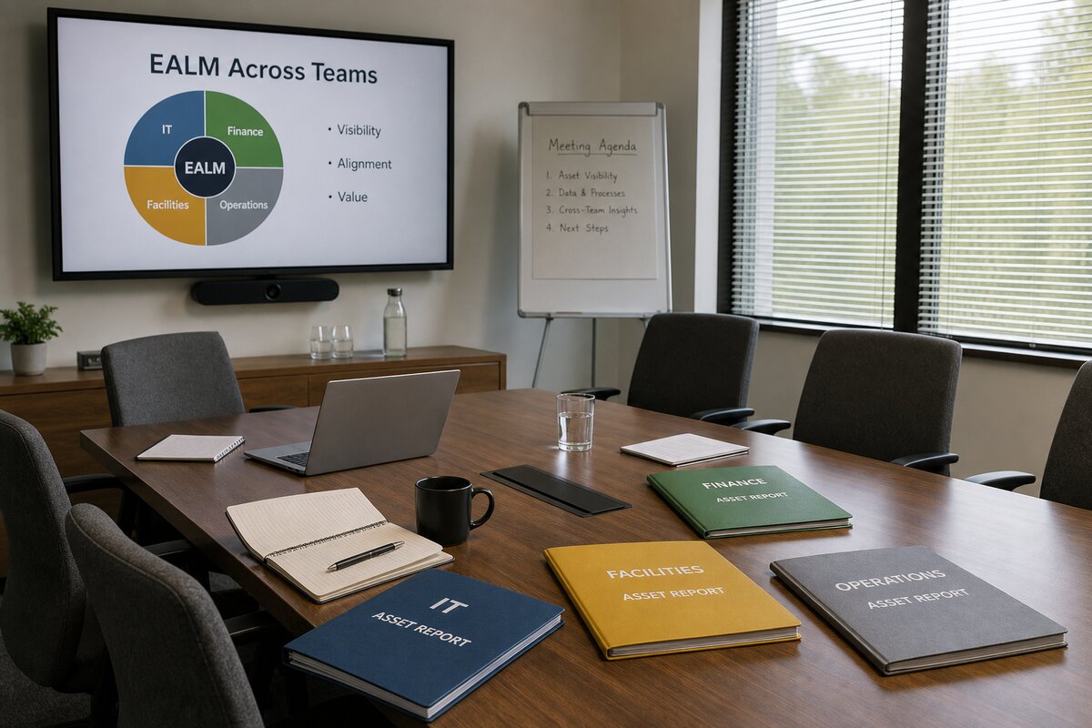 Conference room prepared for a cross-functional asset management meeting